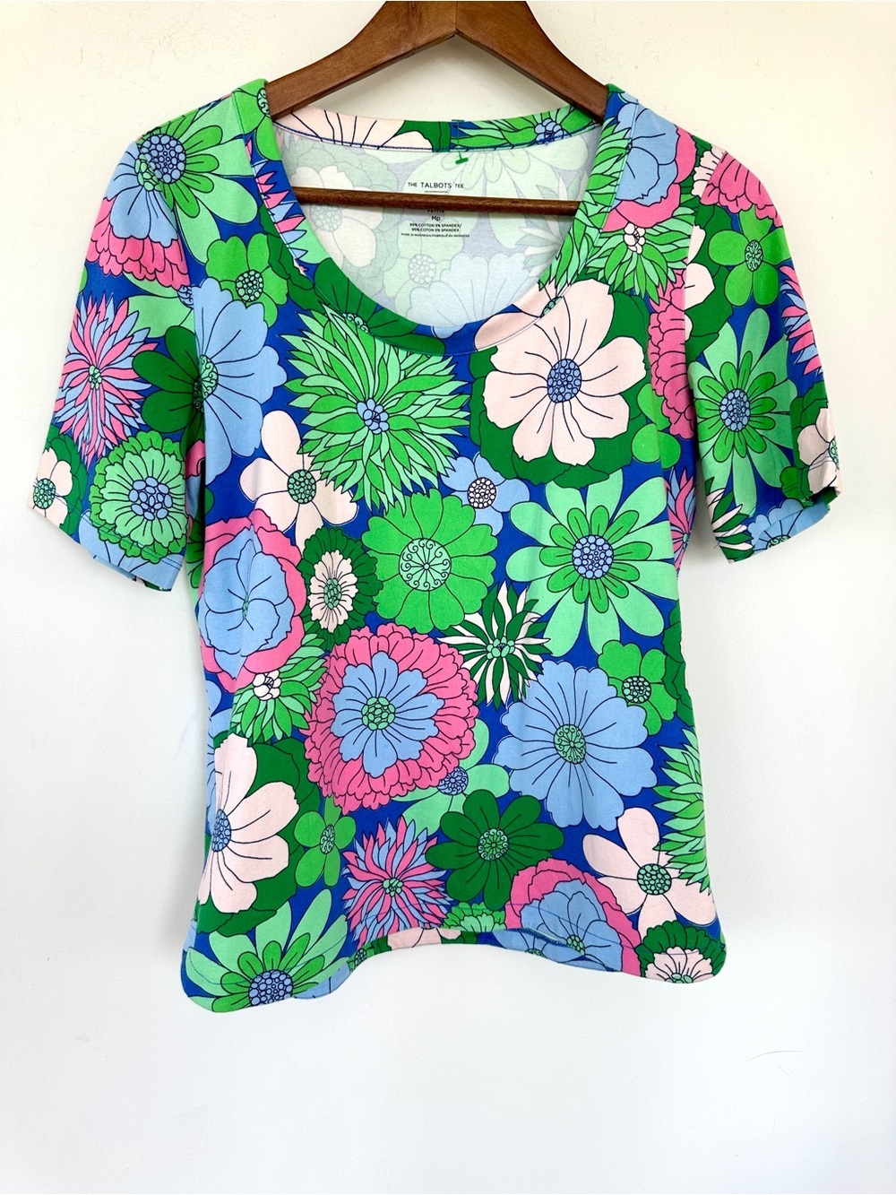 Talbots Bright Floral Scoop Neck Tee, Short Sleeves, Stretch Cotton, Petite